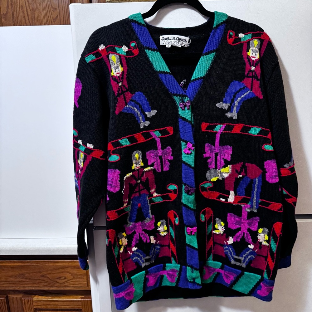 Jack B Quick Christmas Cardigan‎ Bows Nutcracker Sweater Buttons Black Pink Red